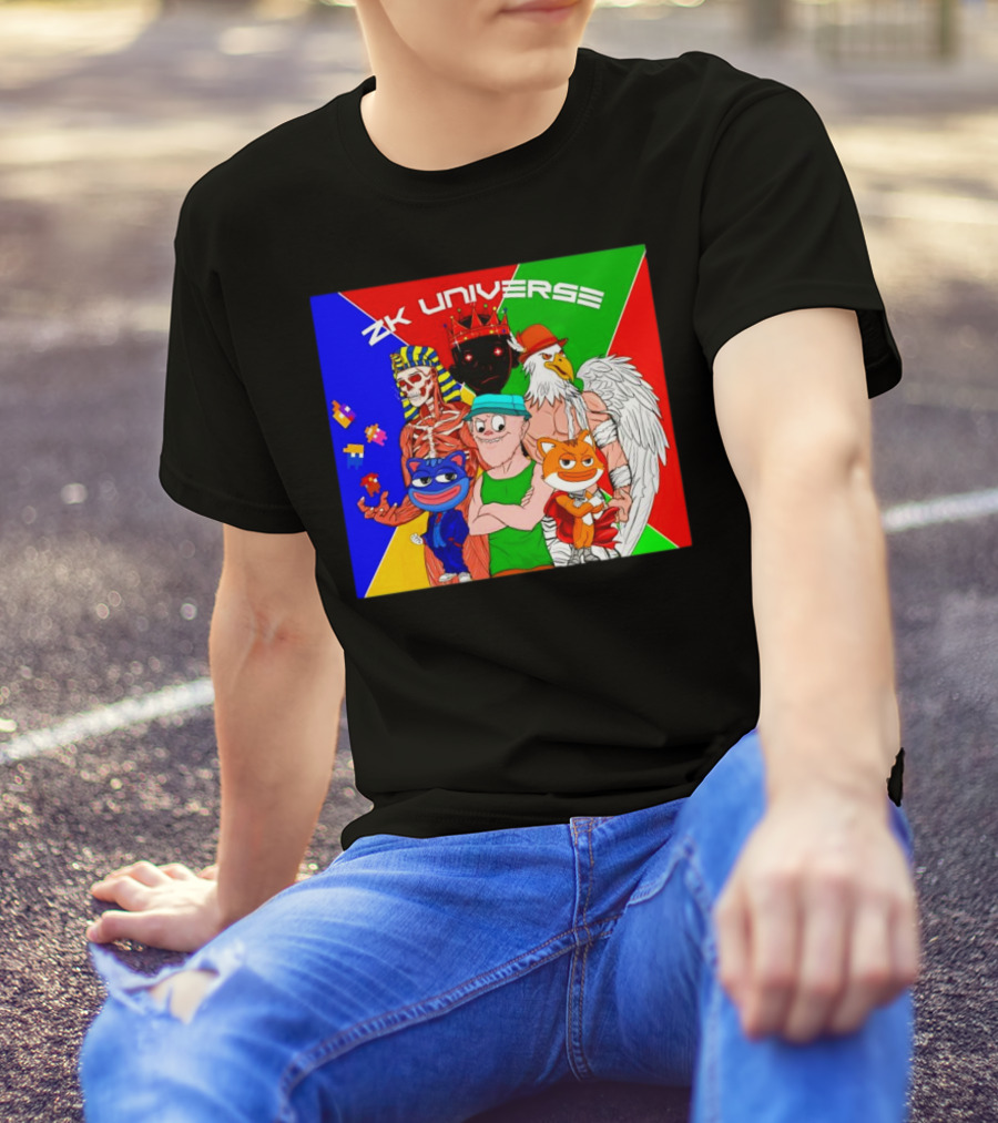ZK Universe Colorful Characters With Pharaoh Skeleton, Crowned Figure, And Winged Eagle T-Shirt