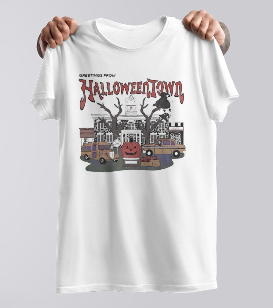 Greetings From Halloweentown Spooky House Pumpkin Taxis School Bus And Witch T-Shirt