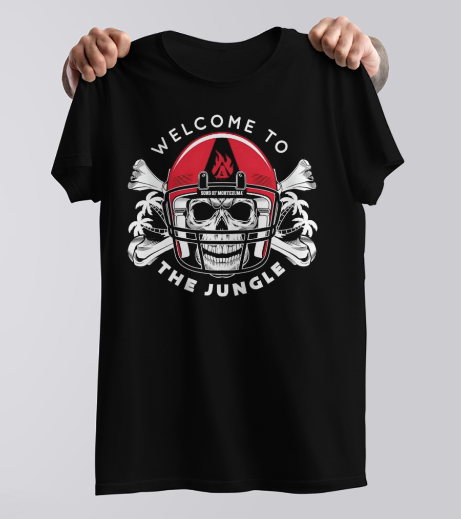 Welcome To The Jungle Skull Wear Helmet Sons Of Montezuma SDSU Aztecs T-Shirt