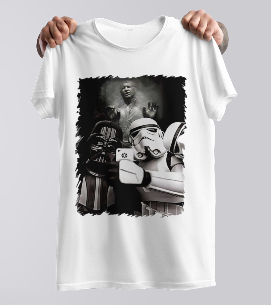 Star Wars Darth Vader And Stormtrooper Taking Selfie With Han Solo Frozen In Carbonite T-Shirt