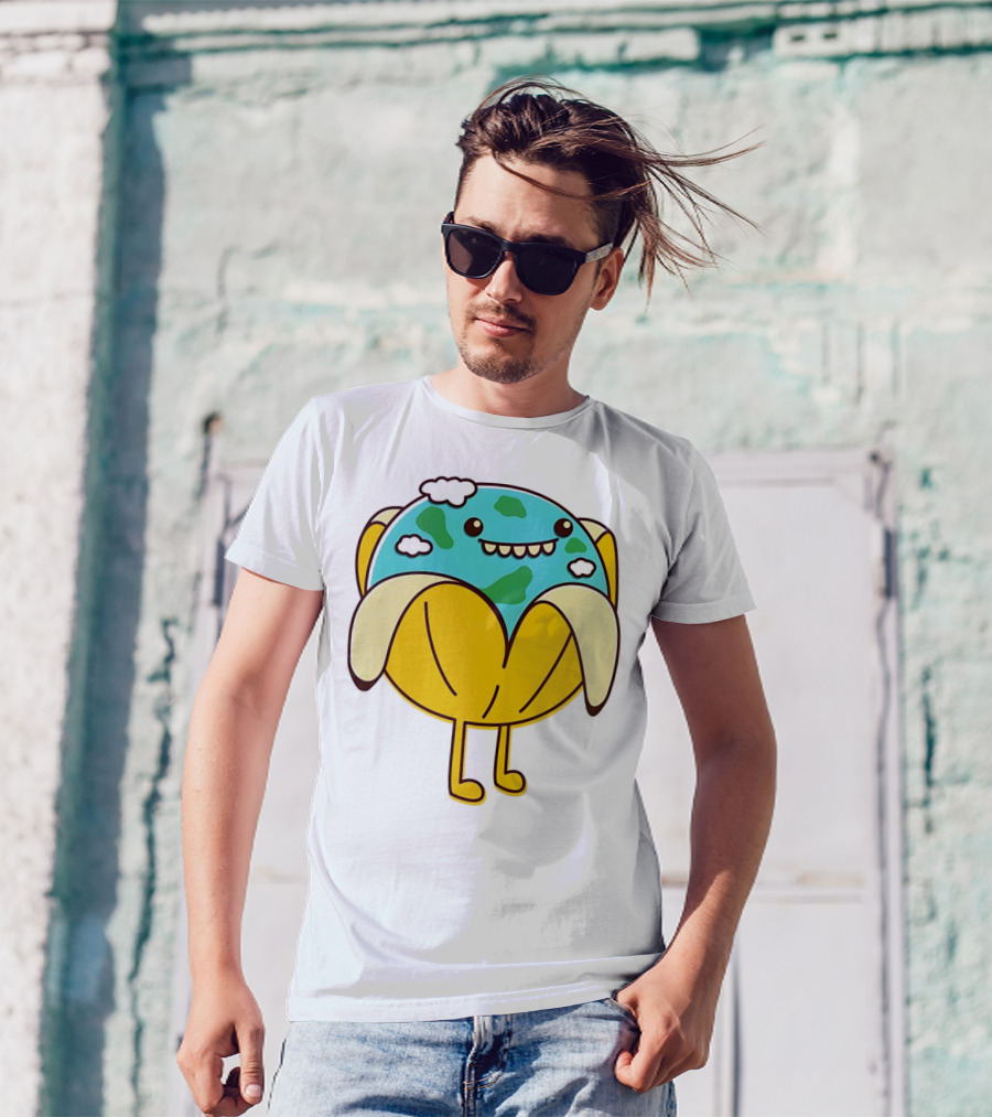 The World Has Gone Bananas Earth In A Peel With Clouds And Smiley Face T-Shirt