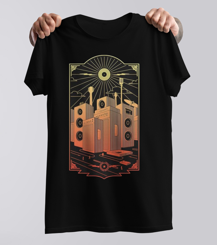 Sound City Amplifier Cityscape With Musical Instruments And Sunburst T-Shirt