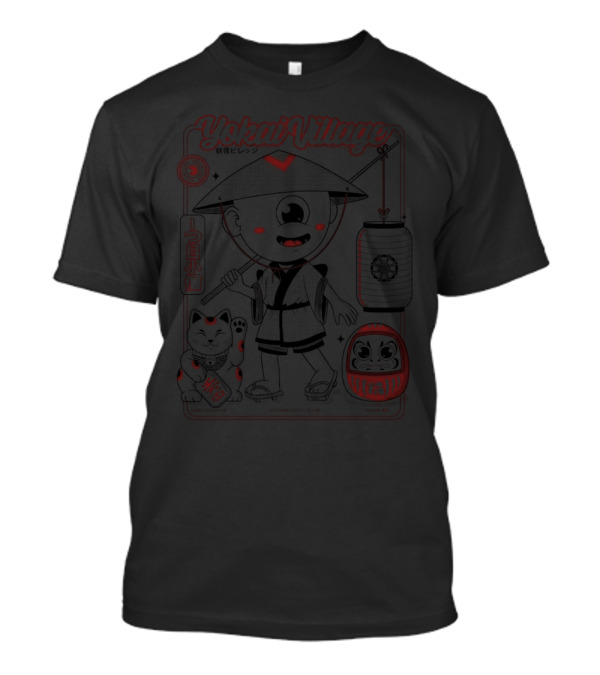 Yokai Village Japanese One-Eyed Guardian With Lantern And Lucky Cat T-Shirt