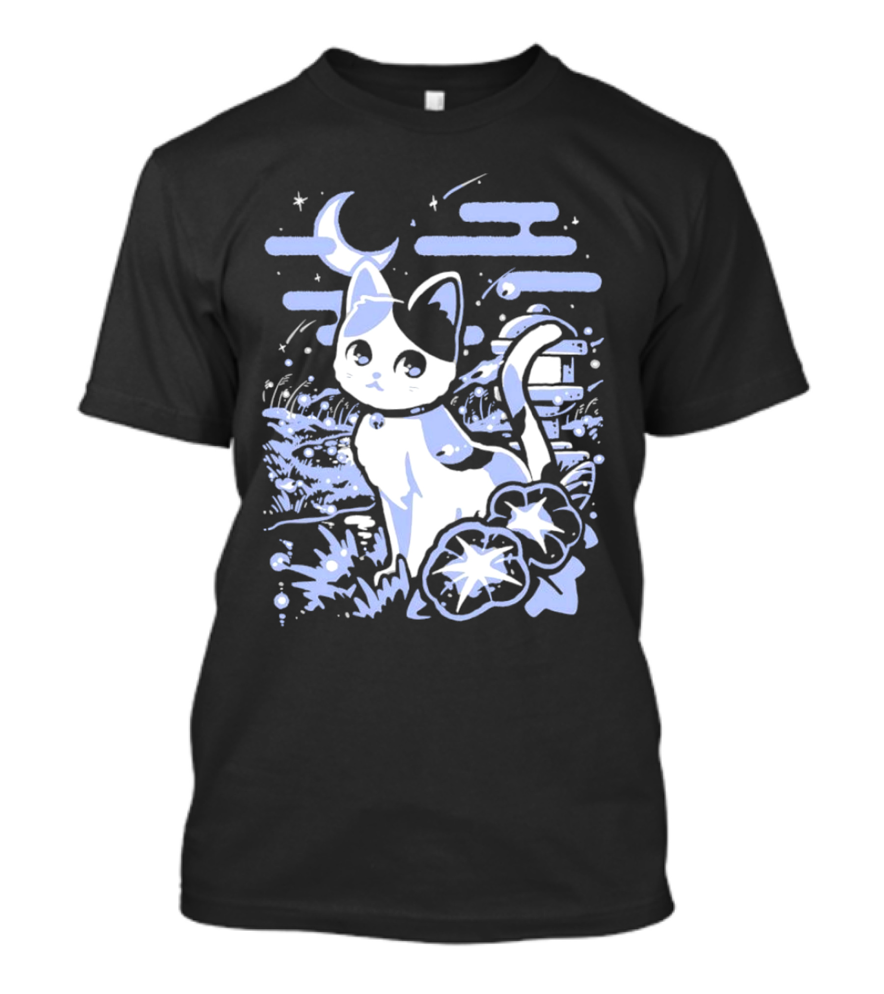 A Cat Amidst Moonlit Fireflies And Stars T-Shirt