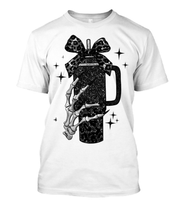 Black Skeleton Hand Coffee Cup With Bow Halloween T-Shirt