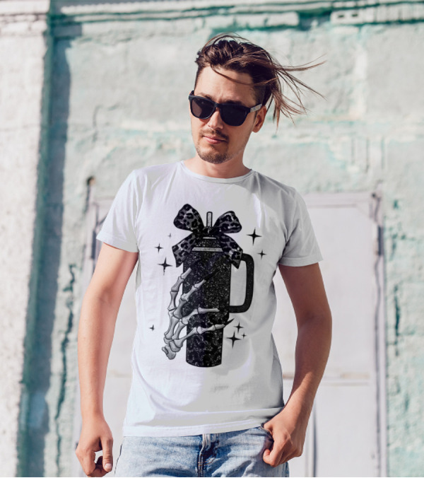Black Skeleton Hand Coffee Cup With Bow Halloween T-Shirt