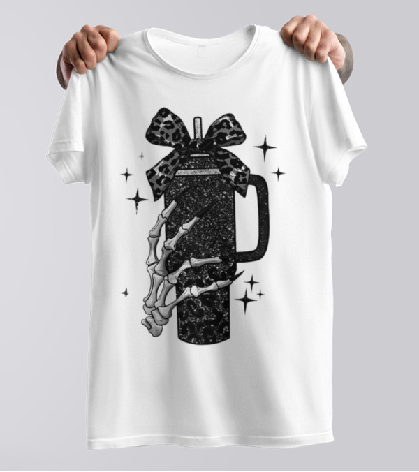 Black Skeleton Hand Coffee Cup With Bow Halloween T-Shirt