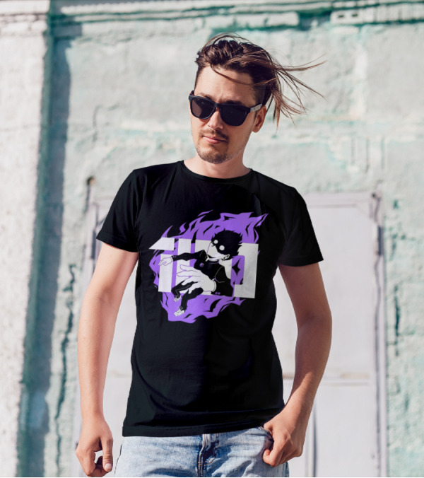 Mob Psycho 100 Psyched Out Character With Purple Aura And Bold Typography T-Shirt