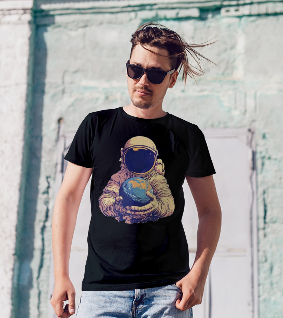 Astronaut Embracing Planet Earth Cosmic Guardians Of Home T-Shirt