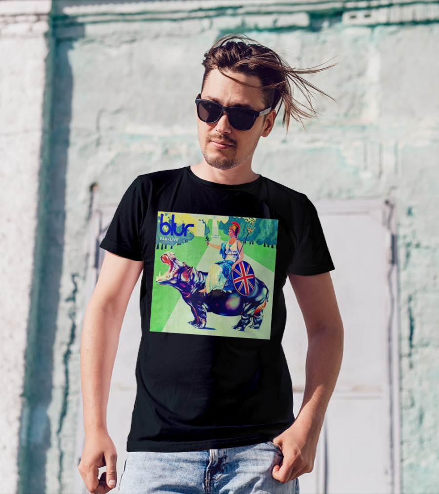 Blur Parklive Woman On Hippopotamus With Union Jack Shield T-Shirt