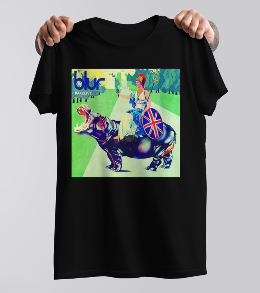 Blur Parklive Woman On Hippopotamus With Union Jack Shield T-Shirt