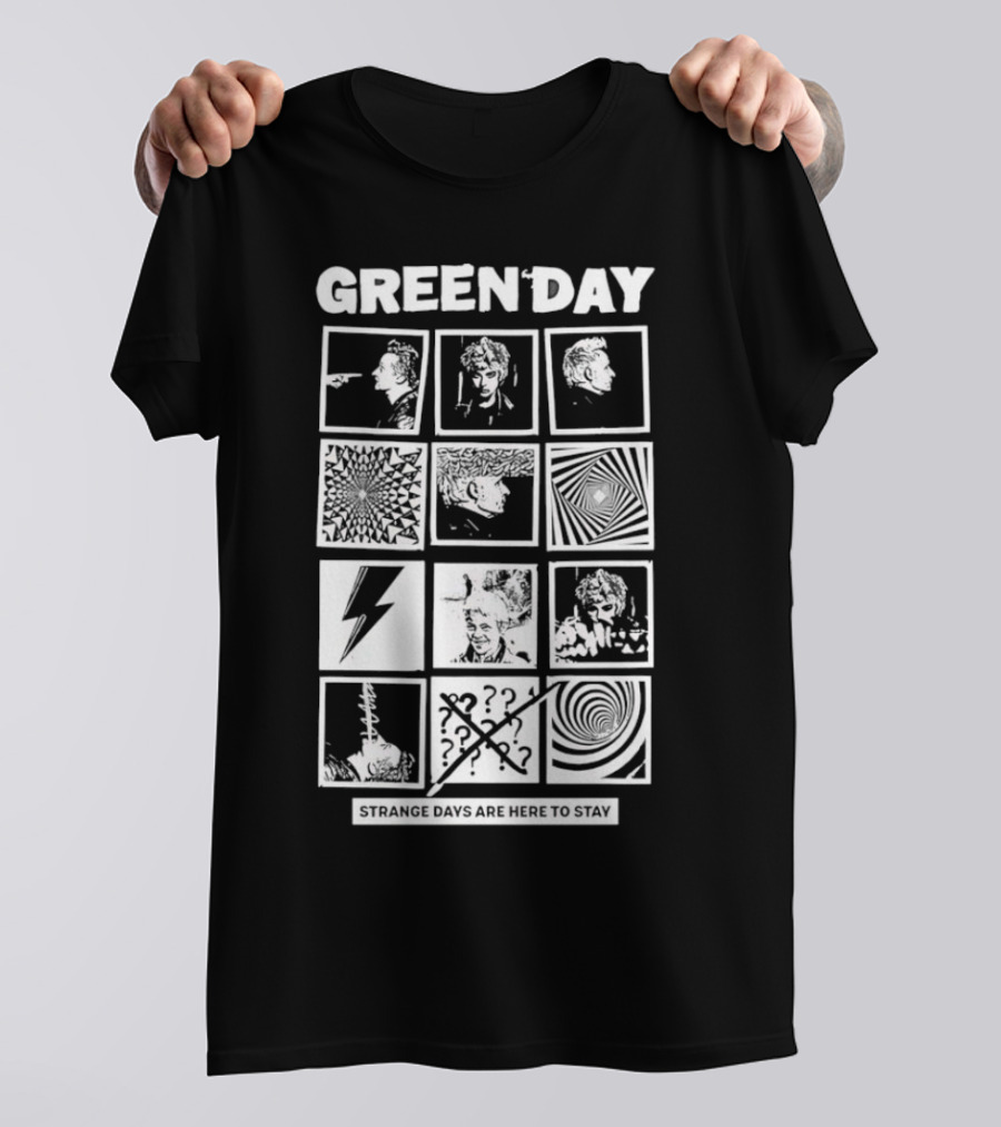 Green Day Strange Days Are Here To Stay Comic Strip Collage With Faces And Abstract T-Shirt