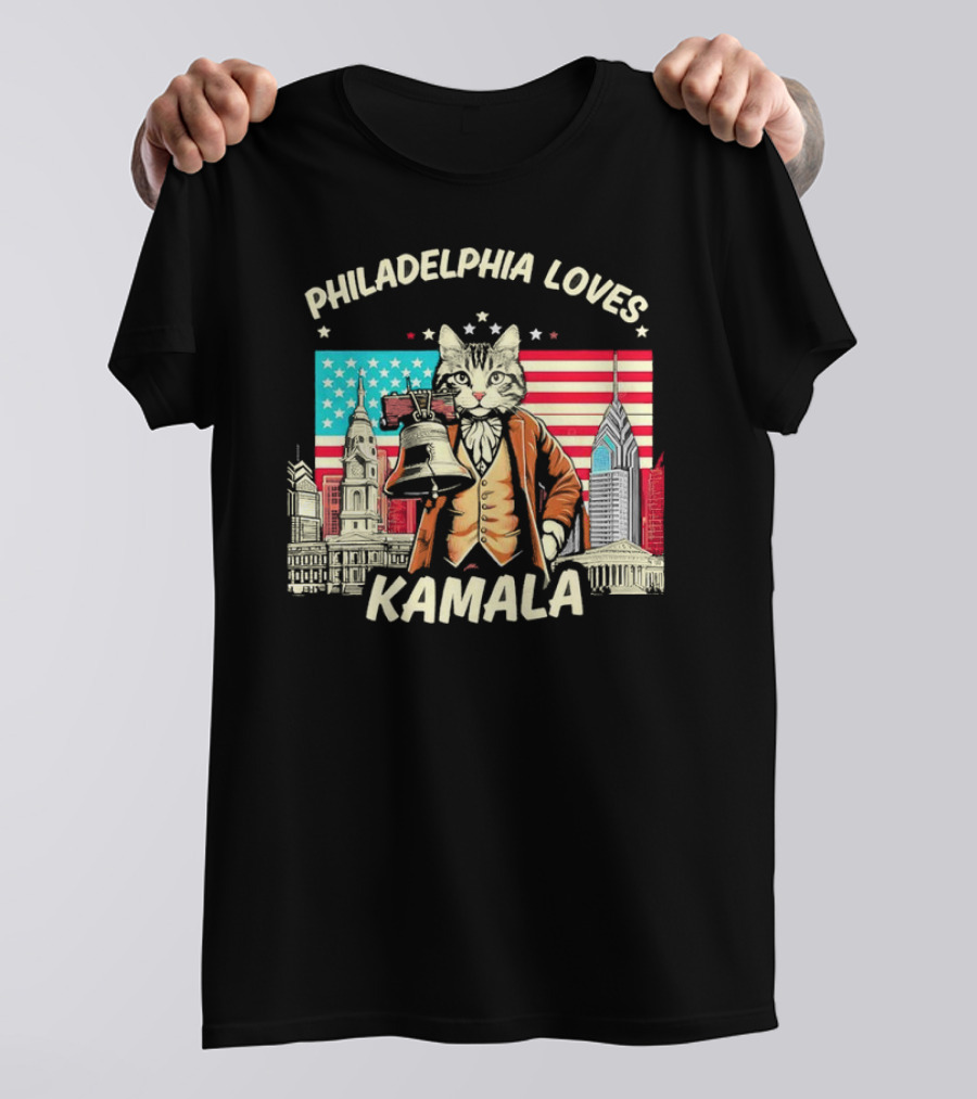 Philadelphia Loves Kamala Cat In Patriotic Cityscape With Liberty Bell T-Shirt