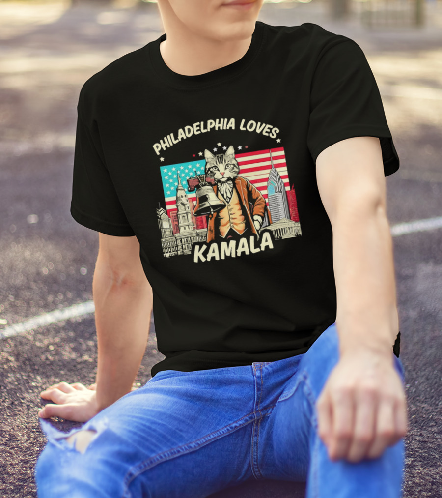 Philadelphia Loves Kamala Cat In Patriotic Cityscape With Liberty Bell T-Shirt