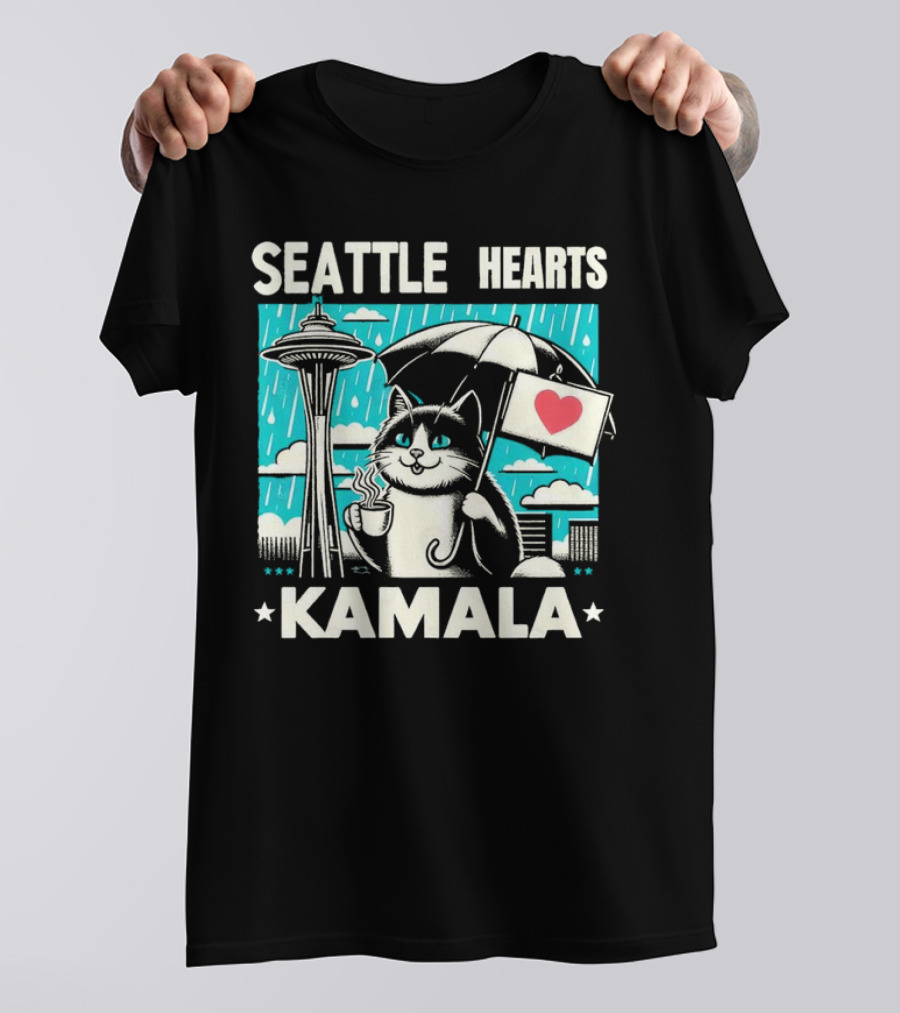 SEATTLE HEARTS KAMALA CAT WITH COFFEE AND UMBRELLA IN RAIN T-Shirt