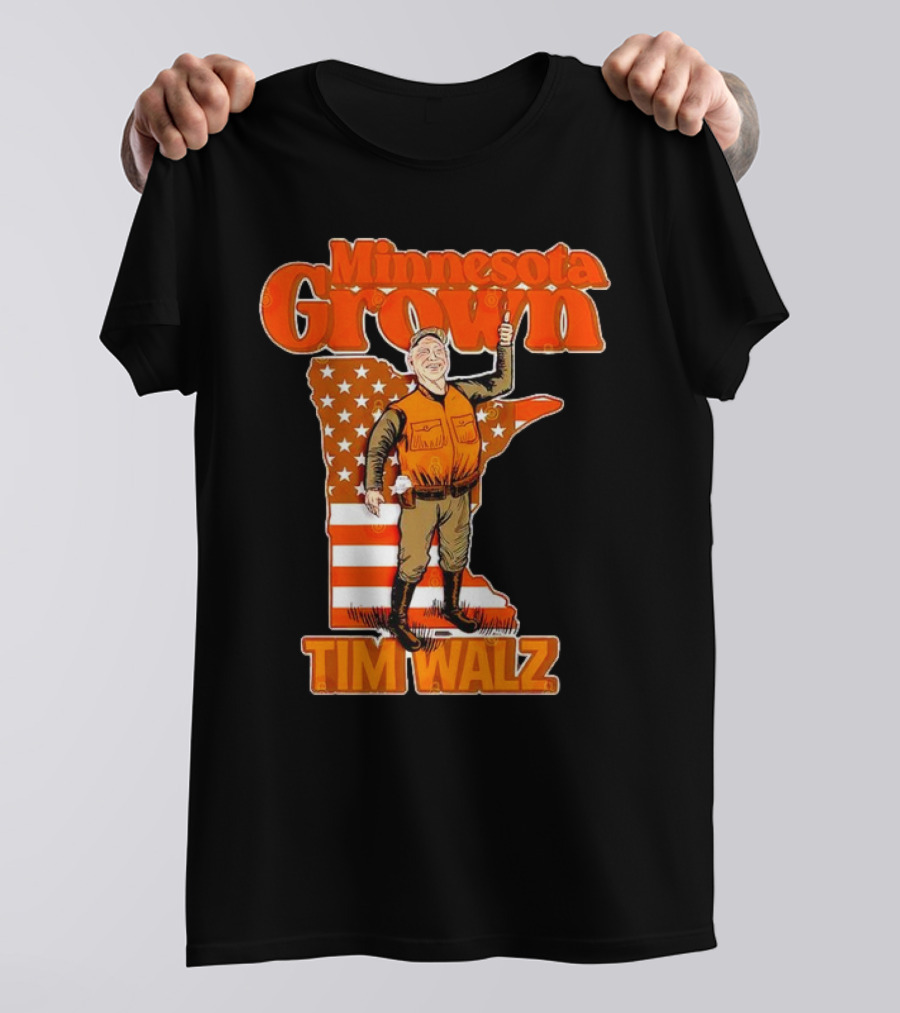 Minnesota Grown Tim Walz Thumbs Up American Flag State Outline T-Shirt