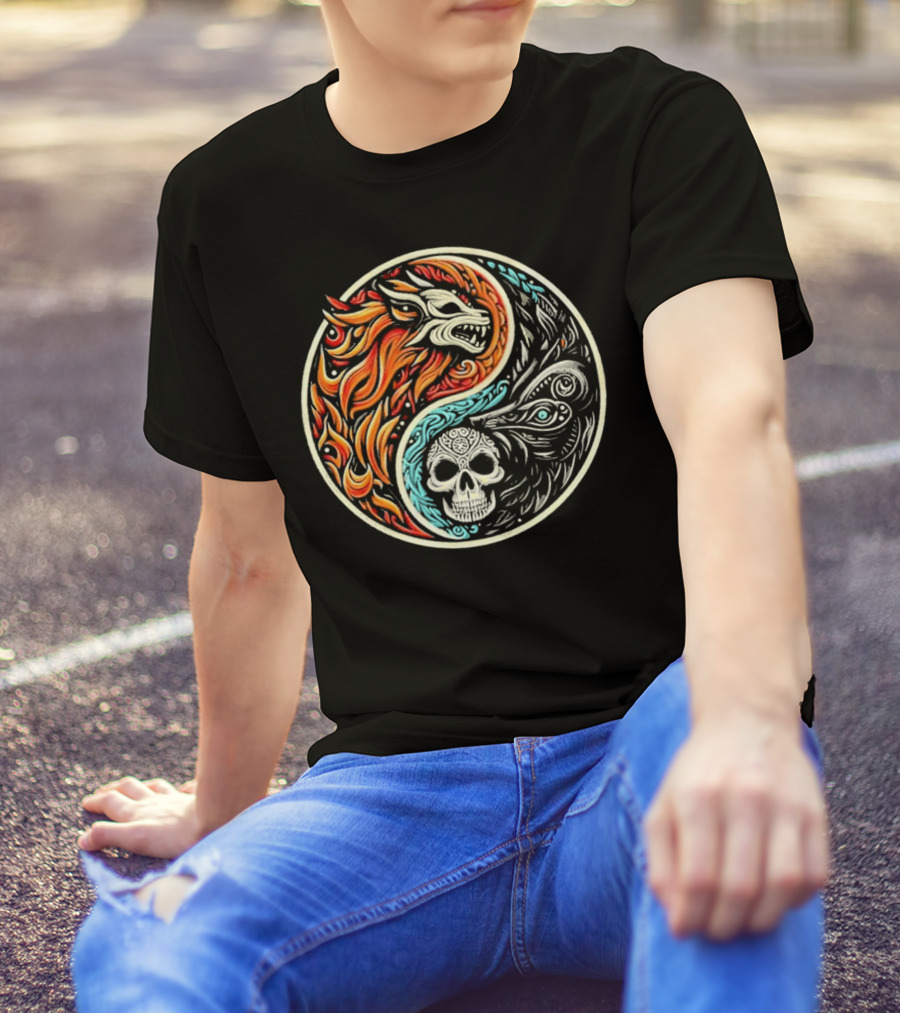 Wolf Warrior Yin Yang Skull Flame Elements T-Shirt