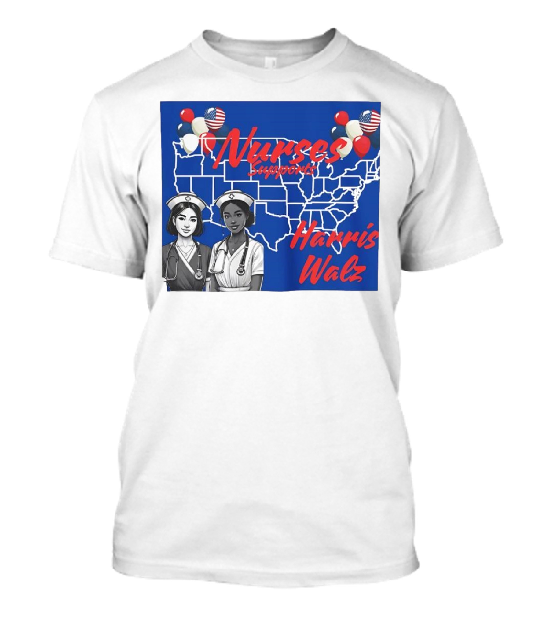 Nurses Supports Harris Walz 2024 United States Map Balloons T-Shirt