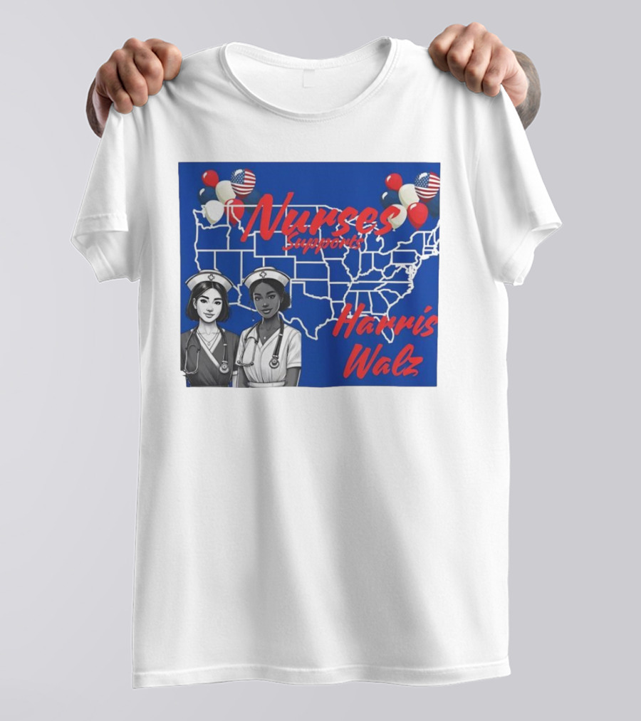 Nurses Supports Harris Walz 2024 United States Map Balloons T-Shirt
