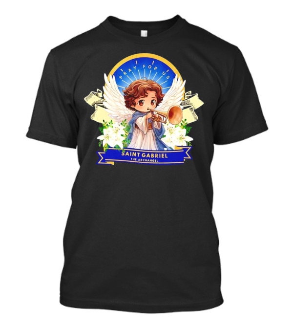 Saint Gabriel The Archangel Pray For Us Cartoon Cherubic Trumpet Wings Halo Flowers T-Shirt