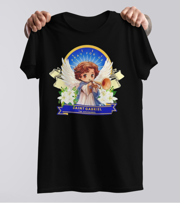 Saint Gabriel The Archangel Pray For Us Cartoon Cherubic Trumpet Wings Halo Flowers T-Shirt