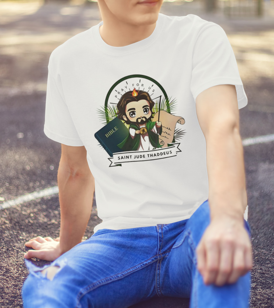 Saint Jude Thaddeus Pray For Us Cartoon Bible Scroll Flame T-Shirt