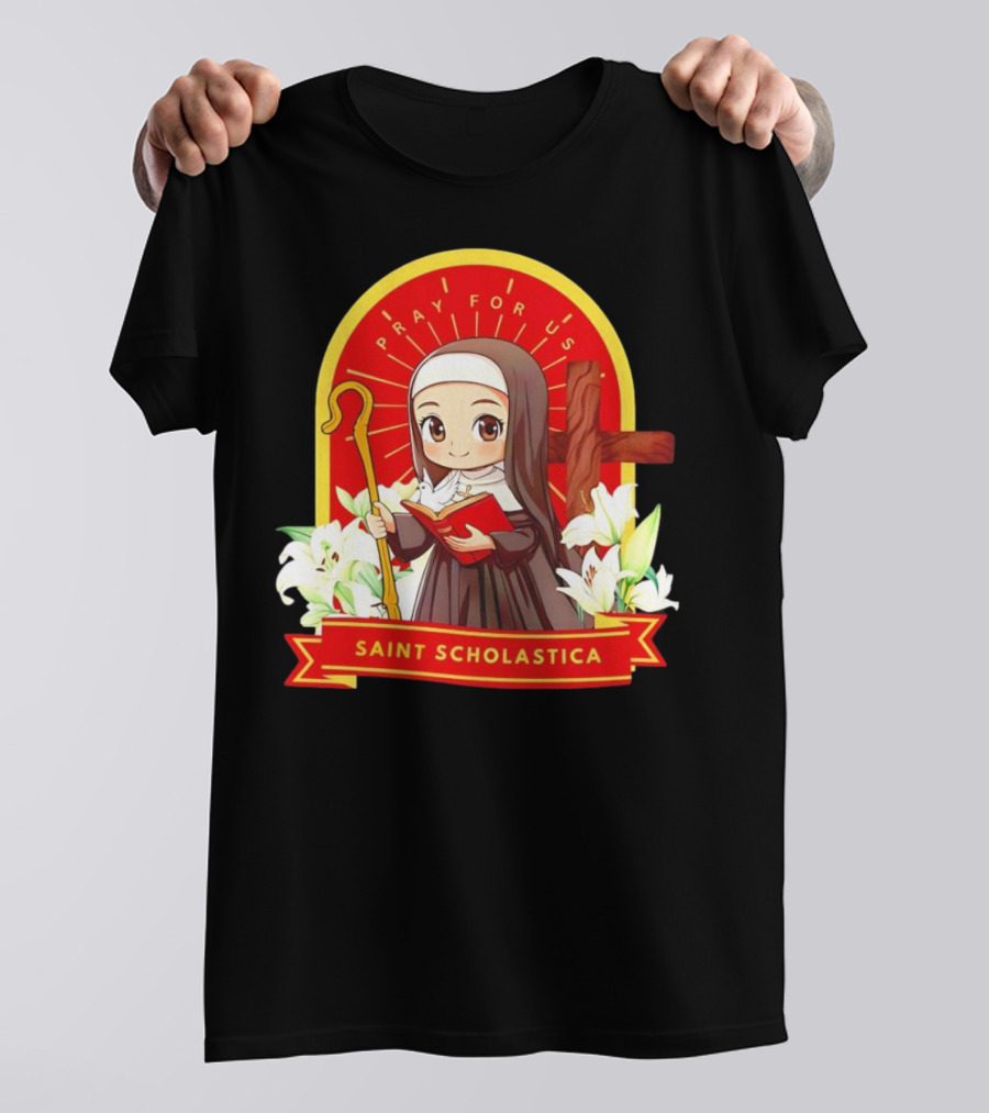 Saint Scholastica Pray For Us Cartoon Cute Nun Illustration With Cross And Flowers T-Shirt