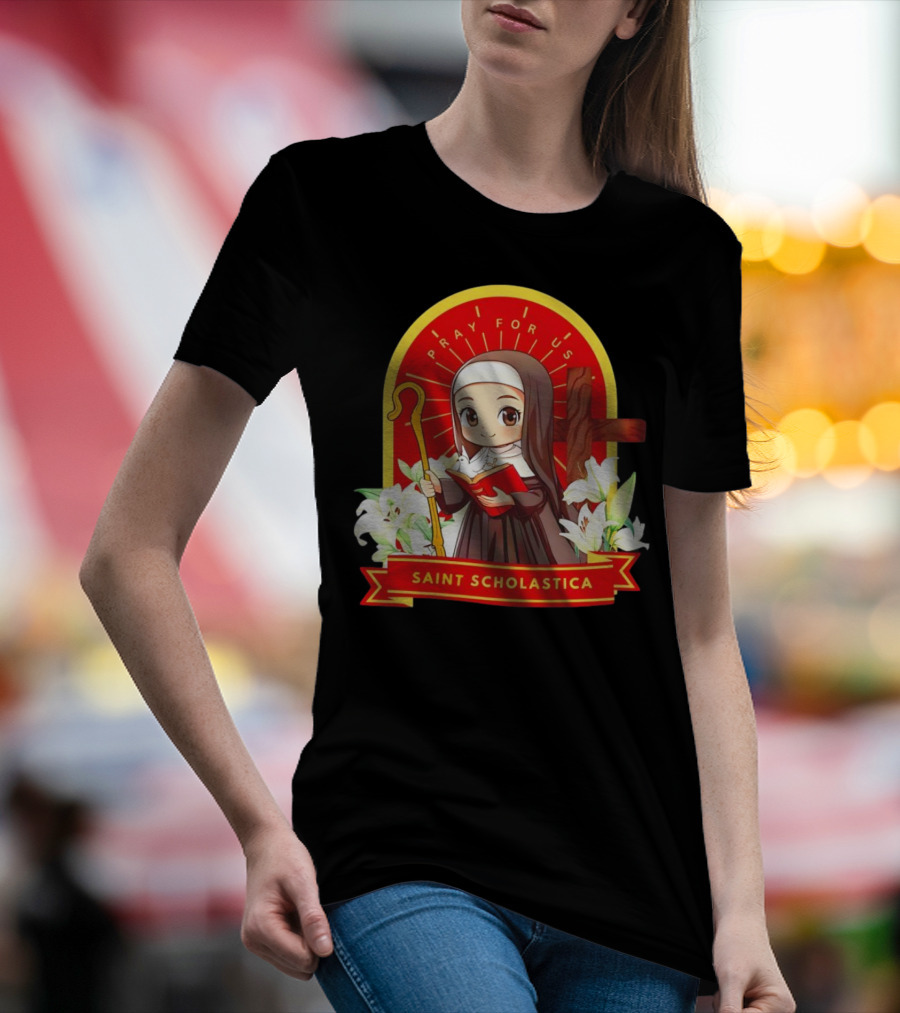 Saint Scholastica Pray For Us Cartoon Cute Nun Illustration With Cross And Flowers T-Shirt