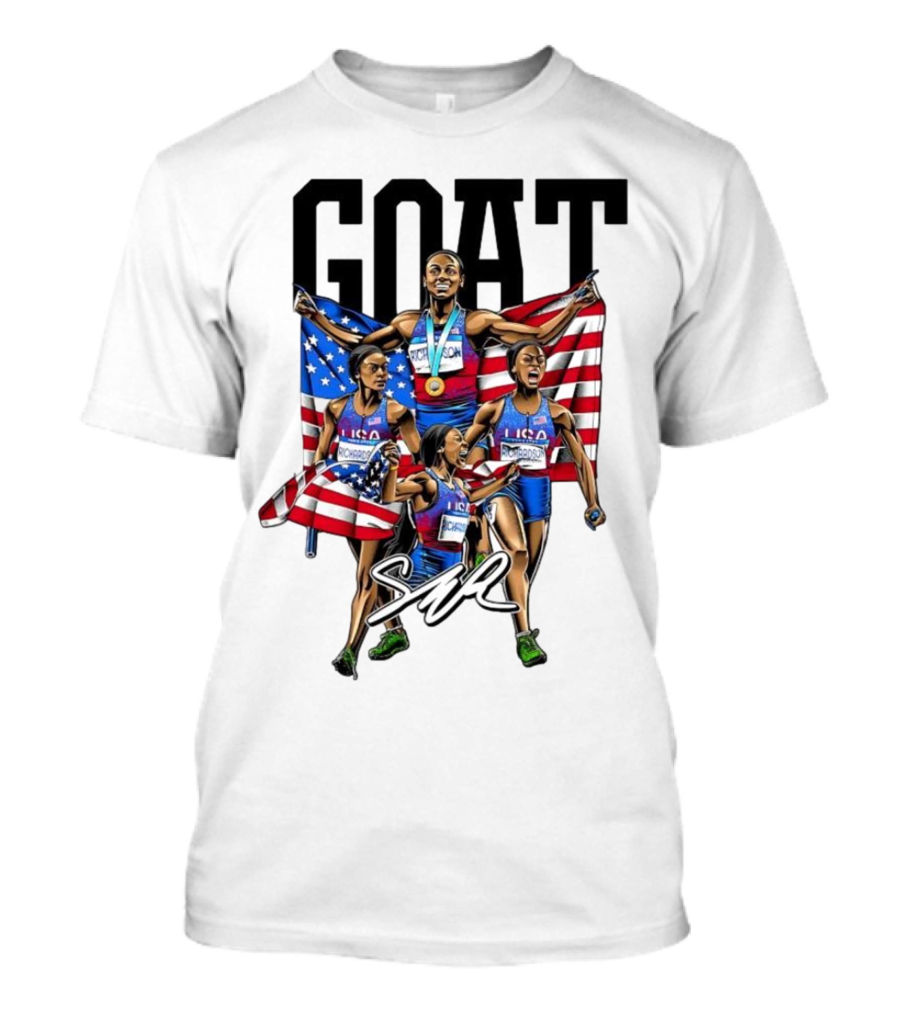 GOAT Sha’carri Richardson USA Flag Paris 2024 Signature Cartoon T-Shirt