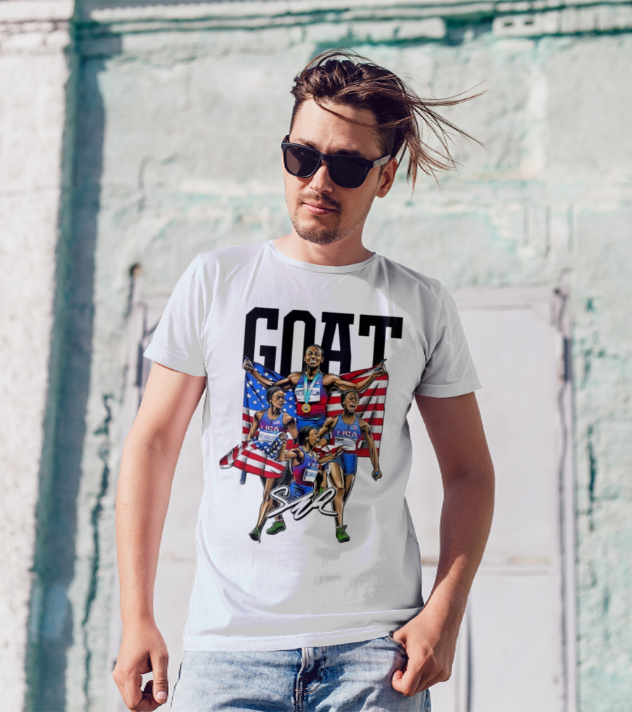 GOAT Sha’carri Richardson USA Flag Paris 2024 Signature Cartoon T-Shirt