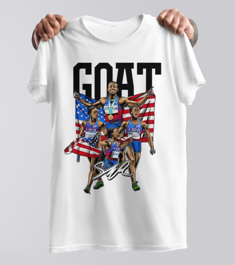 GOAT Sha’carri Richardson USA Flag Paris 2024 Signature Cartoon T-Shirt