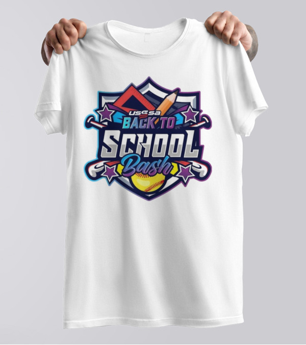 USSSA Oklahoma Fast Pitch Back To School Bash 2024 Shield With Softball And School Icons T-Shirt