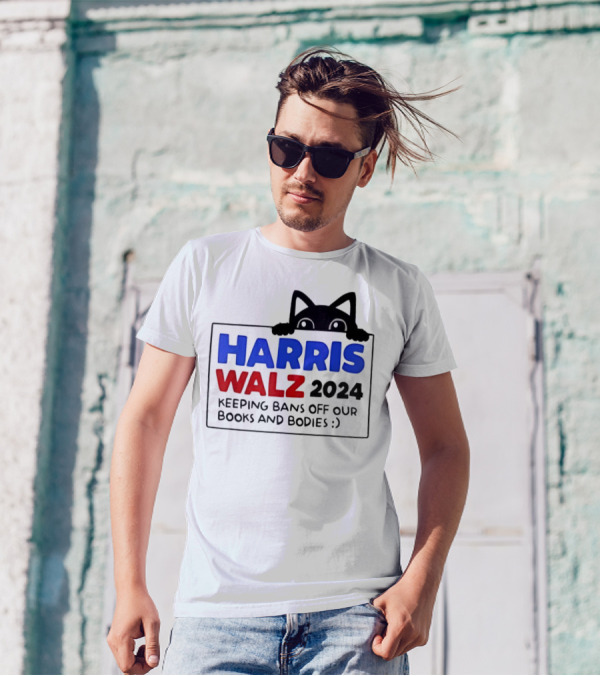 Black Cat Harris Walz 2024 Keeping Bans Off Our Books And Bodies T-Shirt
