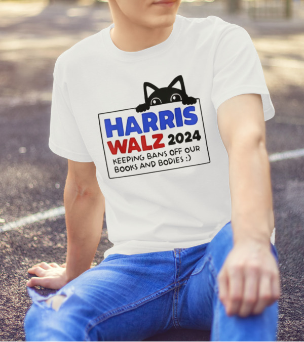 Black Cat Harris Walz 2024 Keeping Bans Off Our Books And Bodies T-Shirt