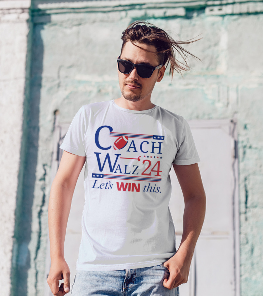 Coach Walz 2024 Let's Win This Football Election Style Red Blue Stars T-Shirt
