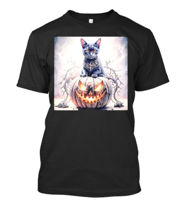 Cute Cat On Pumpkin Horror Face Halloween T-Shirt