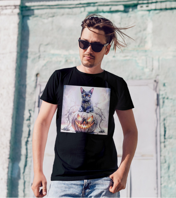 Cute Cat On Pumpkin Horror Face Halloween T-Shirt