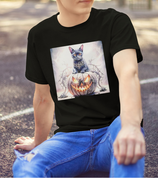 Cute Cat On Pumpkin Horror Face Halloween T-Shirt