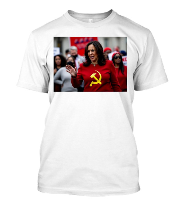 Kamala Harris Wearing Red Outfit With Yellow Hammer And Sickle T-Shirt