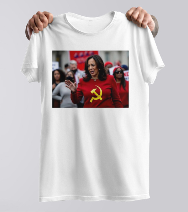 Kamala Harris Wearing Red Outfit With Yellow Hammer And Sickle T-Shirt