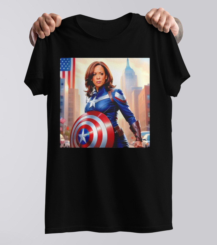 Captain America Kamala Harris Superhero Shield And Flag Background T-Shirt
