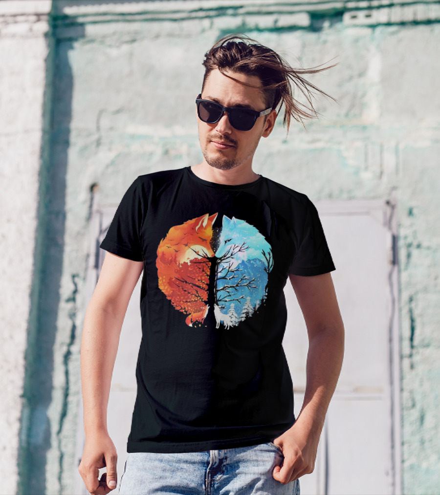 Fire And Ice Fox Dual Seasons Tree T-Shirt
