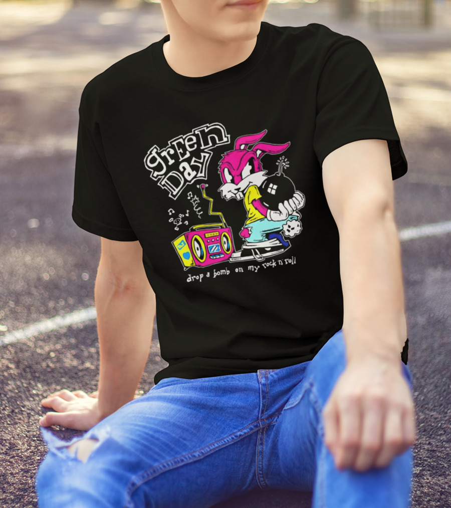 Green Day Drop A Bomb On My Rock ‘N’ Roll Pink Rabbit And Boombox T-Shirt