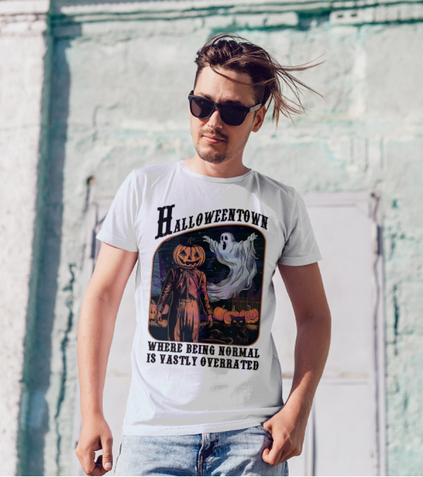 Halloweentown Pumpkin Head And Ghost With Black Cat Where Being Normal Is Vastly Overrated T-Shirt
