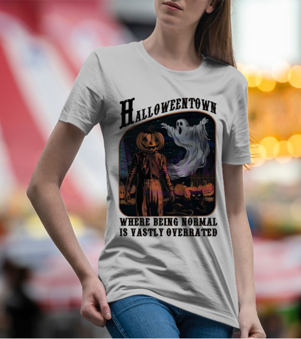 Halloweentown Pumpkin Head And Ghost With Black Cat Where Being Normal Is Vastly Overrated T-Shirt