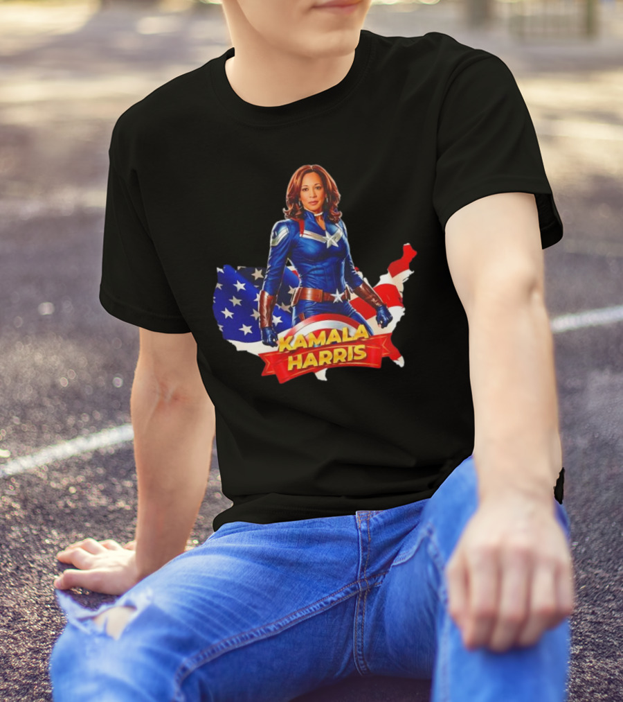 Kamala Harris As Captain America Stars And Stripes US Flag Map T-Shirt