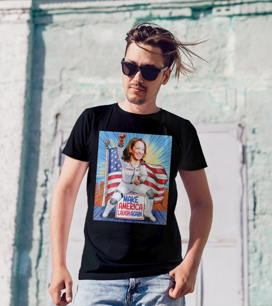 Kamala Harris Power Suit Make America Laugh Again American Flag Heroic Pose T-Shirt