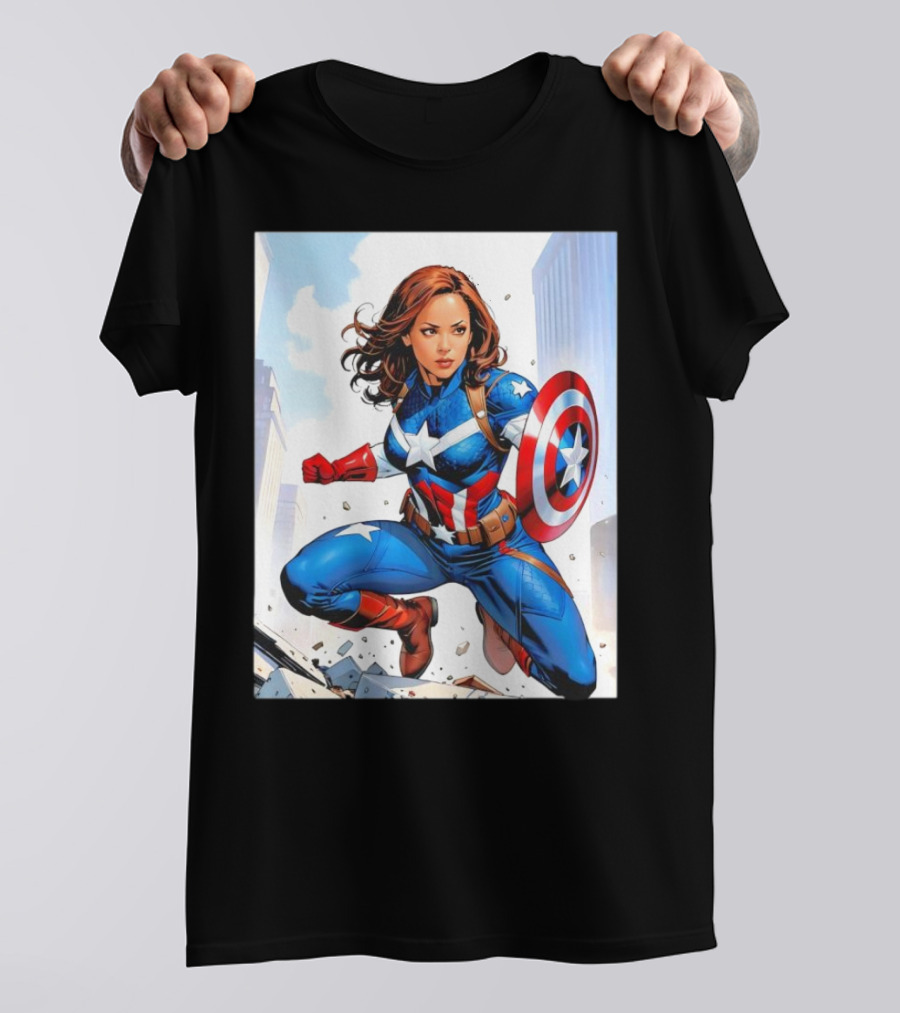 Kamala Harris Captain America Suit Action Pose Superhero Comic T-Shirt