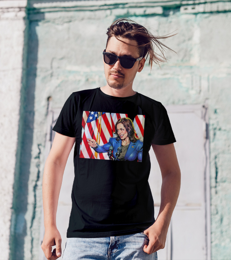 Kamala Harris Cartoon Illustration With Muscles And American Flags T-Shirt