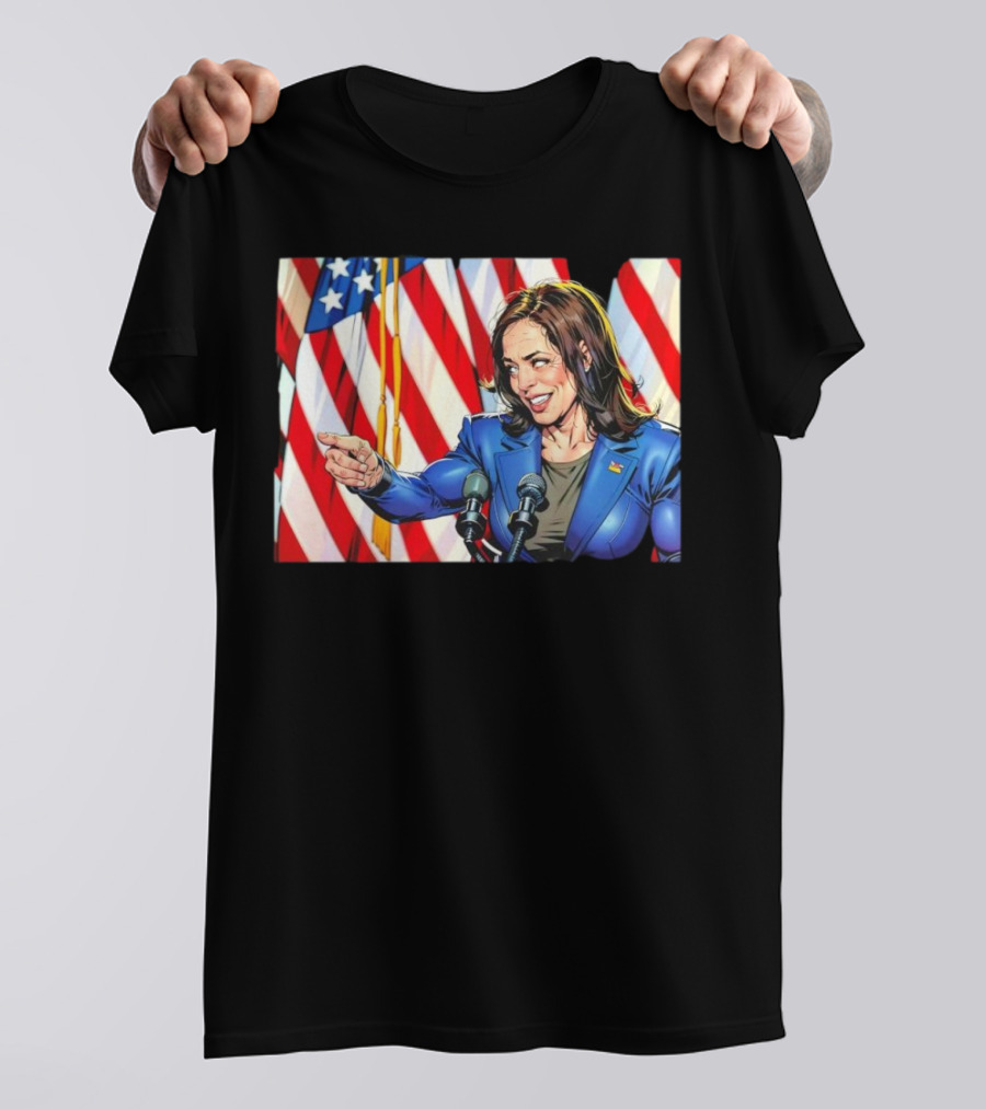 Kamala Harris Cartoon Illustration With Muscles And American Flags T-Shirt